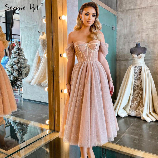 Serene Hill Peach A Line Sexy Evening Gowns 2021 Sleeveless Beaded