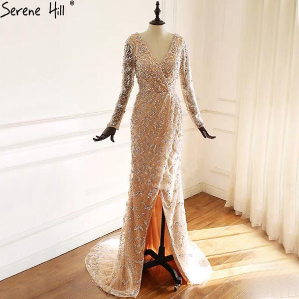 Sheer-Waist Long Sequin-Lace Formal Dress by La Femme
