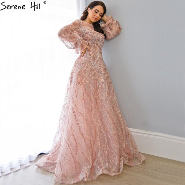 Sale Serene Hill Pink A-Line Luxury Evening Dresses 2025 lantern Long Sleeves Beading Lace Formal Dress LA70676
