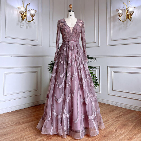 Serene Hill Pink Beaded Muslim Evening Dresses Gowns 2023 Luxury A-Line ...