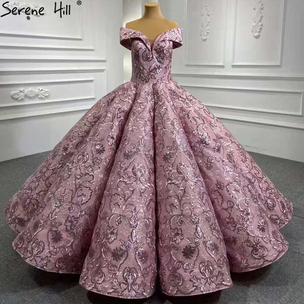 Serene Hill Pink Luxury Wedding Dresses Gowns 2025 Embroidery Lace Up Bridal Dresses HM66590 Custom Made