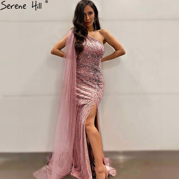 Serene Hill Pink Mermaid Split Evening Dresses Gowns 2025 One Shoulder Elegant Cape Sleeve For Women Party LA71195
