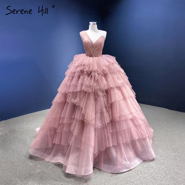 Serene Hill Pink One Shoulder Wedding Dresses 2025 Ruffles Beaded Sexy Bridal Gowns HM66934D Custom Made
