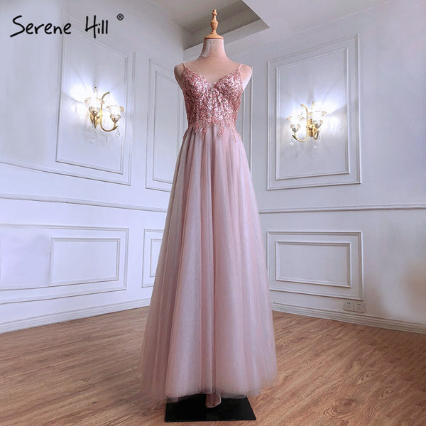 Serene Hill Pink Sexy A-Line Prom Dresses 2025 Spaghetti Strap Beaded Simple Prom Party Dress LA71287