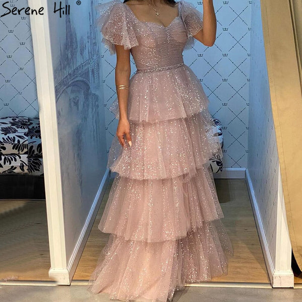 Serene Hill Pink Sexy Luxury Evening Dresses Gowns 2025 A-Line Glitter Tiered Princess For Women Party LA70924