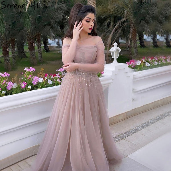 Serene Hill Pink Sexy Prom Dresses Long 2025 Beaded Long Sleeves Sexy A-Line Graduation School Party Gown LA71222