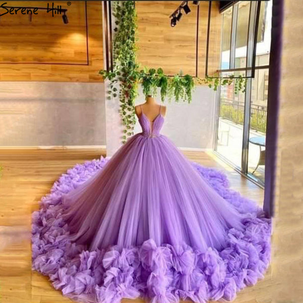 Serene Hill Purple Puffy Flowers Luxury Sleeveless Wedding Dresses 2025 Spaghetti Strap Sexy Tulle Bridal Gown HA2487