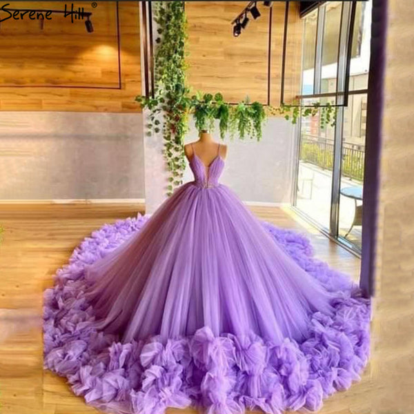 Serene Hill Purple Puffy Flowers Luxury Sleeveless Wedding Dresses 2023 Spaghetti Strap Sexy Tulle Bridal Gown HA2487