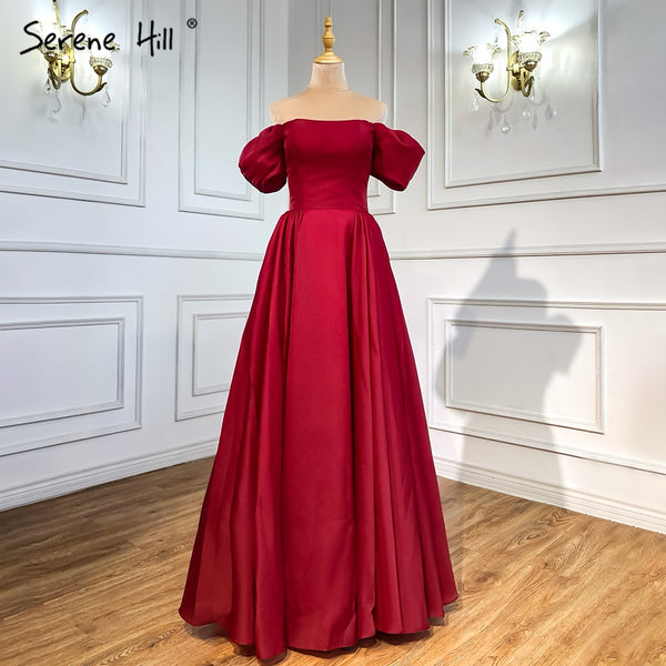 Serene Hill Red A-Line Satin Evening Dresses Gowns 2025 Simple Off Shoulder Sexy For Women Party LA71286