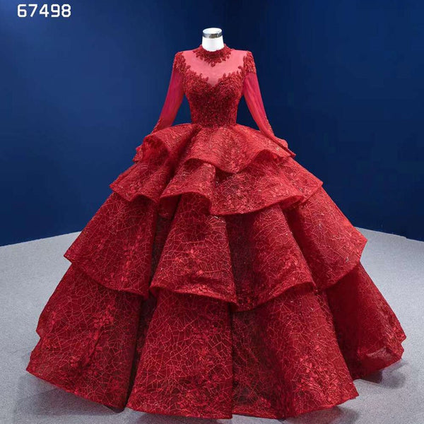 Serene Hill Red Long SsleevesLuxury Lace Beaded Lace Up Ball Gown Bride Gowns Wedding Dress 2025 High End Custom Made HM67498