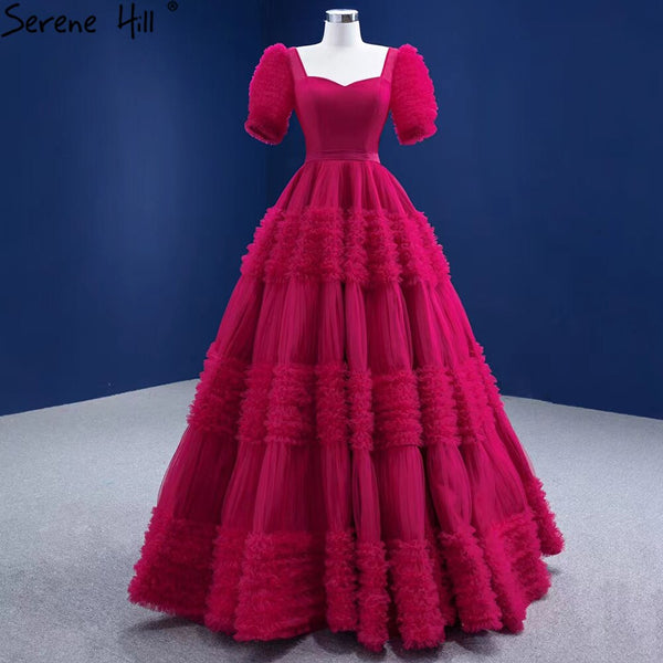 Serene Hill Red Puff Sleeves Wedding Dresses 2025 Ruffles Sexy Lace Up Bride Gowns HM67361 Custom Made