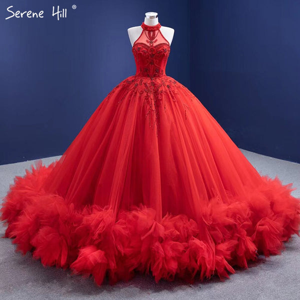 Serene Hill Red Ruffles Beaded Luxury Wedding Dresses 2025 Sleeveless Lace Up Sexy Bride Gowns HM67324 Custom Made