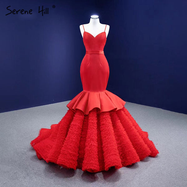 Serene Hill Red Ruffles Mermaid Wedding Dresses 2025 Spaghetti Strap Elegant Sexy Bride Gowns HM67311 Custom Made