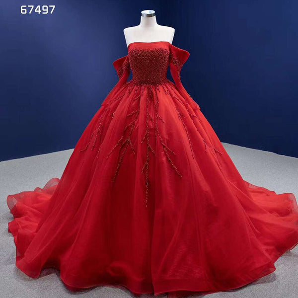 Serene Hill Red Sexy Off Shoulder Pearls Luxury Beaded Ball Gown Bride Gowns Wedding Dress 2025 High End Custom Made HM67497