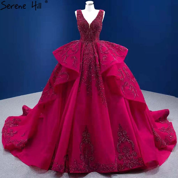 Serene Hill Rose Red Ruffles Wedding Dresses 2025 Beaded V-Neck Luxury Bride Gowns HM67376 Custom Made