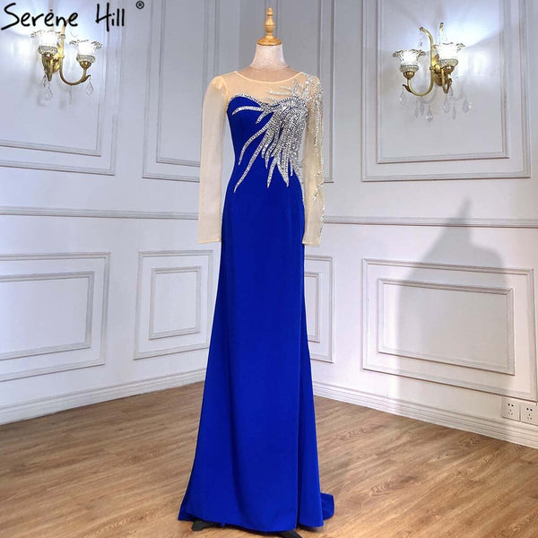Serene Hill Royal Blue Satin Evening Dresses Gowns 2025 Beaded Elegant Mermaid For Women Wedding Party LA71471