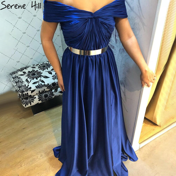 Serene Hill Royal Blue Simple Sartin Evening Dresses Gowns 2025 High Split A-Line Sexy For Women Party LA71301