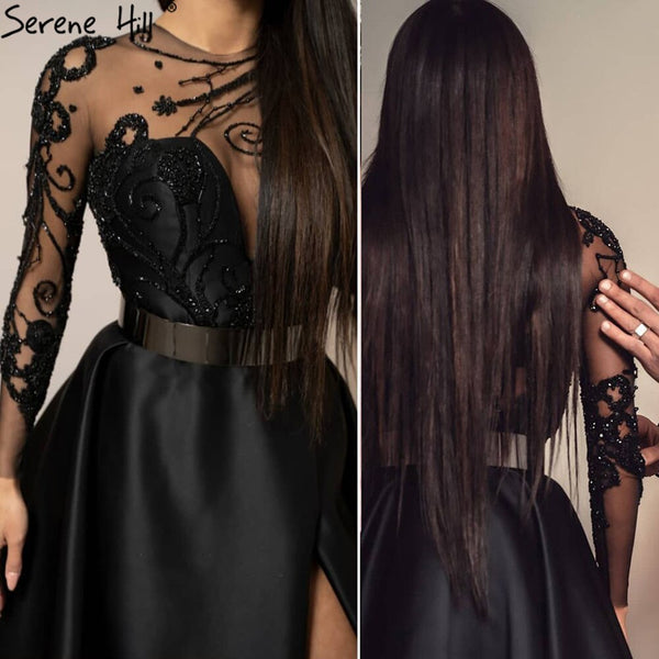 Serene Hill Satin Black A-Line Evening Dresses Gowns 2025 Beading Sashes Sexy For Woman Party  LA71139