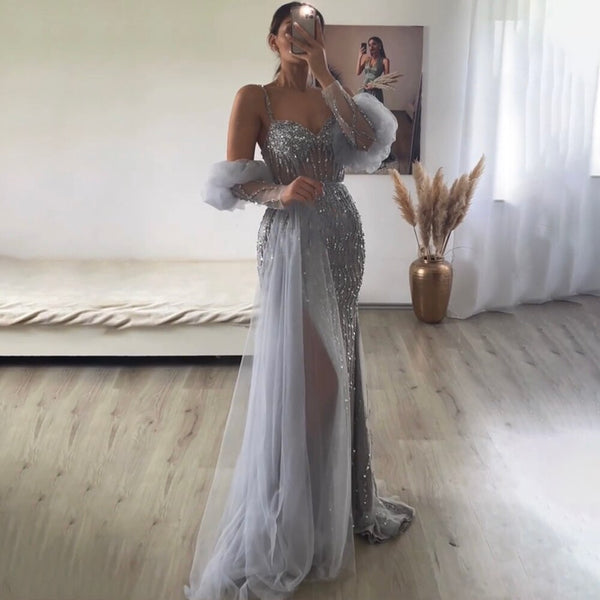 Serene Hill Sexy Gray Beaded  Party High Split  Spaghetti Straps Mermaid Balloon Sleeves Evening Dresses Gowns 2025 LA71571A