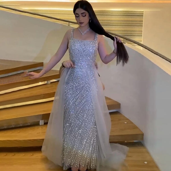 Serene Hill Sexy Silver Mermaid Detachable Skirt Beaded Luxury  Arabic Evening Dresses Gowns 2025 For Women Party LA71618