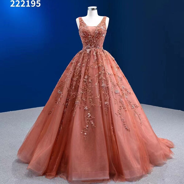 Serene Hill Sexy Sleeveless V Neck Orange Appliques Beaded Lace Up Bride Gowns Wedding Dress 2025 High End Custom Made HM222195