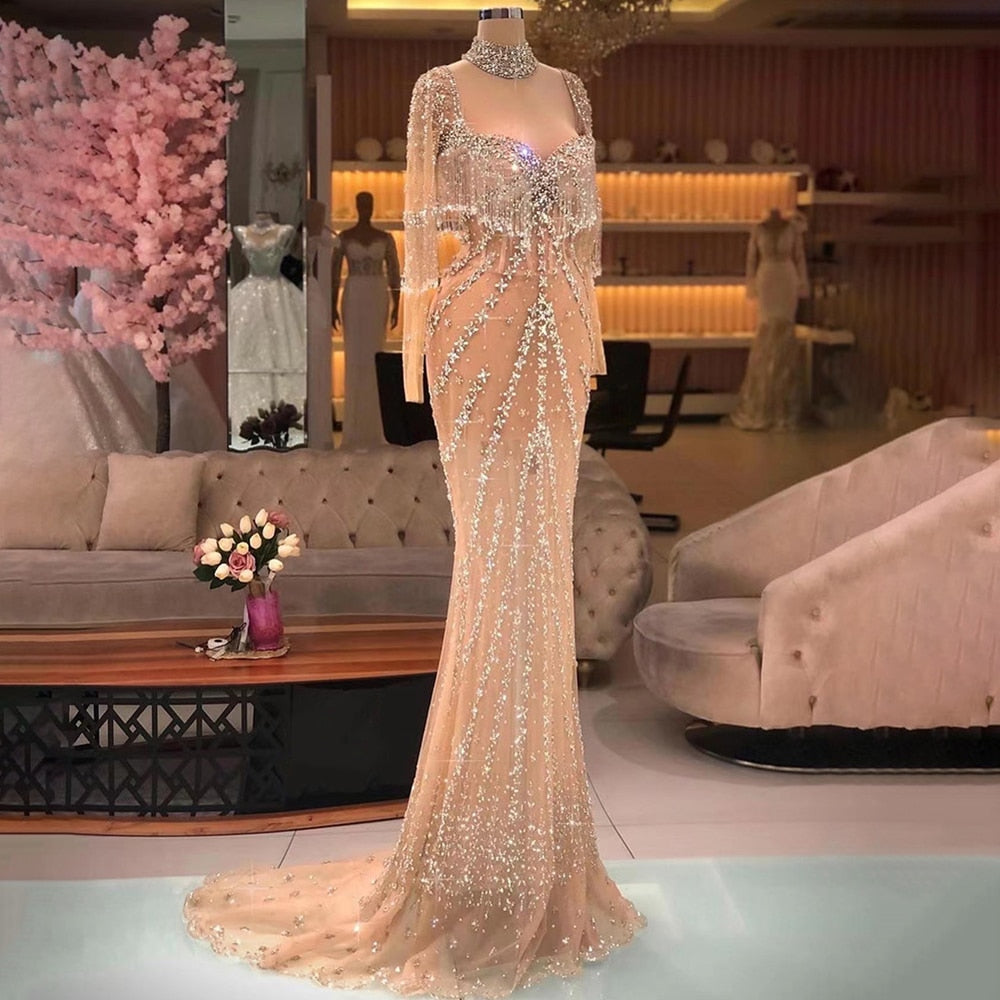 Sliver nude Boat Neck Split Mermaid Elegant Beaded Tassel Evening Dresses Gowns For Woman Wedding Party 2025 LA72391