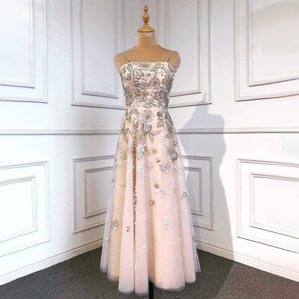 Serene Hill Sexy Spaghetti Straps Beaded Luxury Nude A Line Evening Dresses Arabic Off Shoulder Gown For Party LA71733