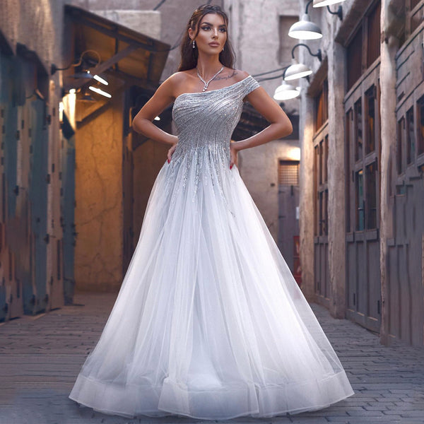 Serene Hill Silver A-Line One-Shoulder Evening Dresses Gowns 2025 Luxury Beaded For Women Party LA71672