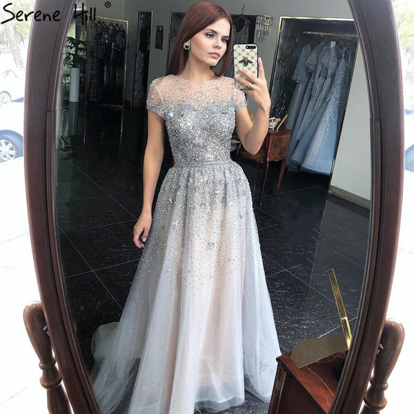 Serene Hill Silver A-Line Tulle Evening Dresses 2025 Dubai Short Sleeves Beading Formal Dress Design LA70715