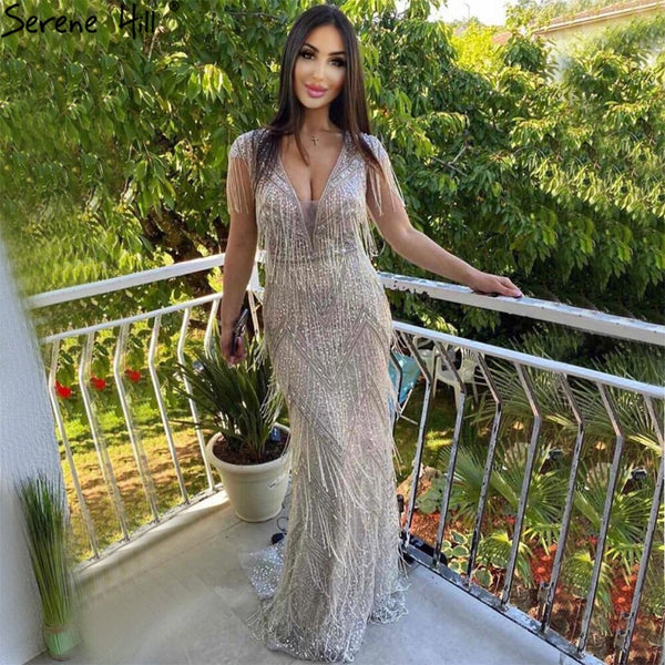 Serene Hill Silver Beading Tassel Luxury Evening Dresses Gowns 2025 Cap Sleeves Mermaid Elegant For Women Party LA60830