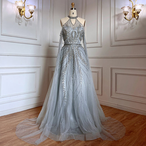 Serene Hill Silver Blue  A-Line Sexy Cape Sleeves Beaded Luxury Evening Dresses Gowns For Women Arabic Party 2025 LA71828