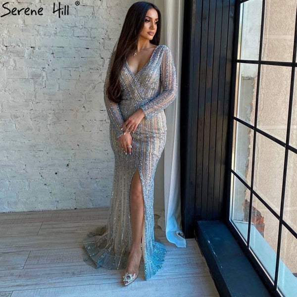 Serene Hill Silver Blue Mermaid Split Evening Dresses Gowns 2025 Beaded Elegant Luxury For Women Party LA71392