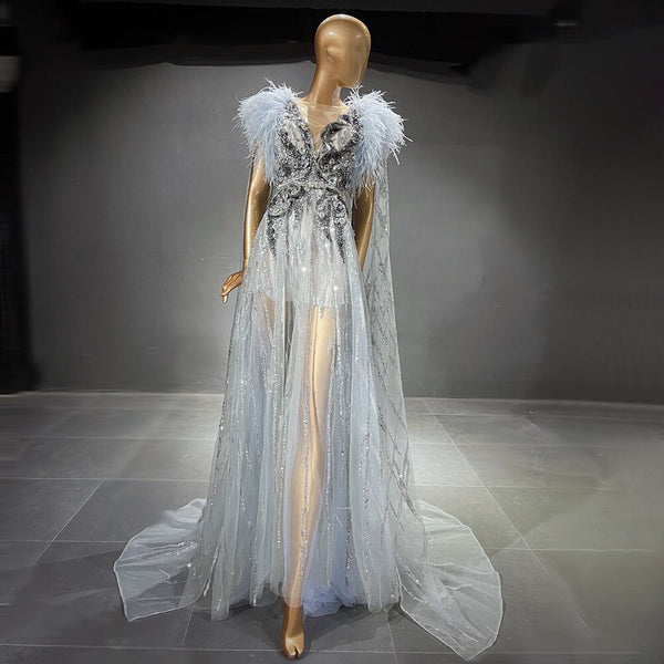 Serene Hill Silver Cape Sleeves Evening Dresses Gowns 2025 Beaded Feather A-Line Luxury For Women Party LA71546
