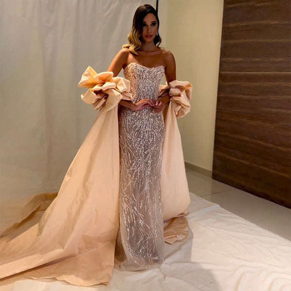 Serene Hill Silver Crystal Sexy Mermaid Sparkly Short Puff Sleeves Evening Dresses Gowns For Women Party 2025 LA71808