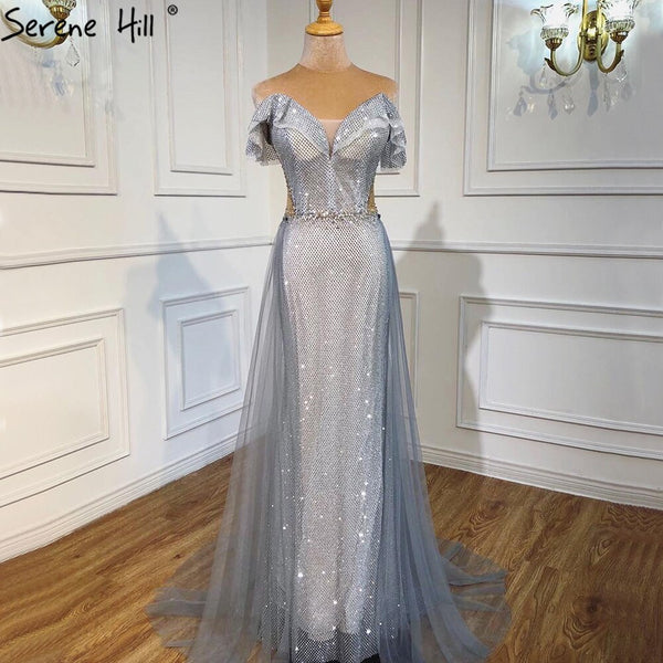 Serene Hill Silver Detachable Train Evening Dresses Gowns 2025 Luxury Sparkle Mermaid For Wowmen Party LA70813