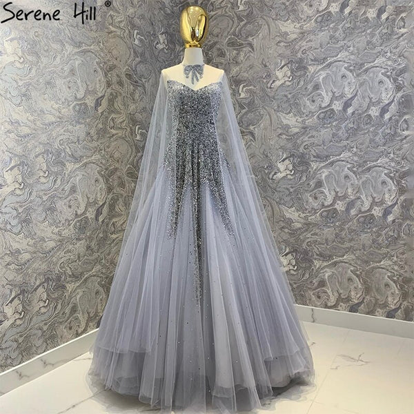 Serene Hill Silver Luxury A-Line Evening Dresses Gowns 2025 With Cape Beaded Sexy For Woman Party LA70644