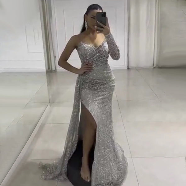 Serene Hill Silver Luxury One Shoulder Evening Dresses Gowns 2025 Beaded Elegant Mermaid For Women Party LA71662