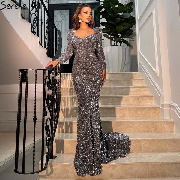 Serene Hill Silver Mermaid Luxury Evening Dresses Gowns 2025 No Split Elegant For Women Party LA71390