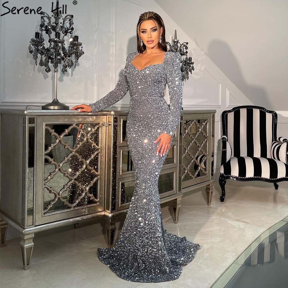 Serene Hill Silver Mermaid Luxury Evening Dresses Gowns 2024 No Split Elegant For Women Party LA71390