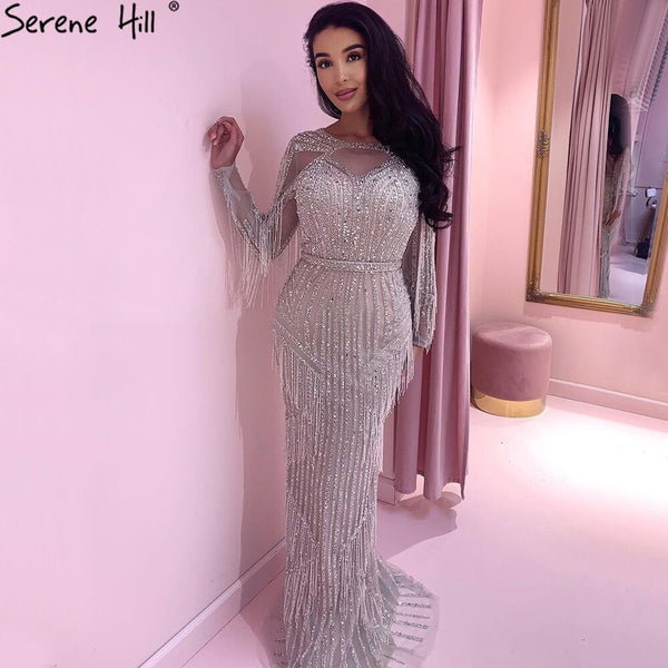 Luxury Dubai Tassel Silver Nude Mermaid Evening Dress LA71166