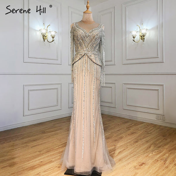 Serene Hill Silver Nude Luxury Elegnat Evening Dresses Gowns 2025 Mermaid Beaded Tassel For Woman Party LA71295