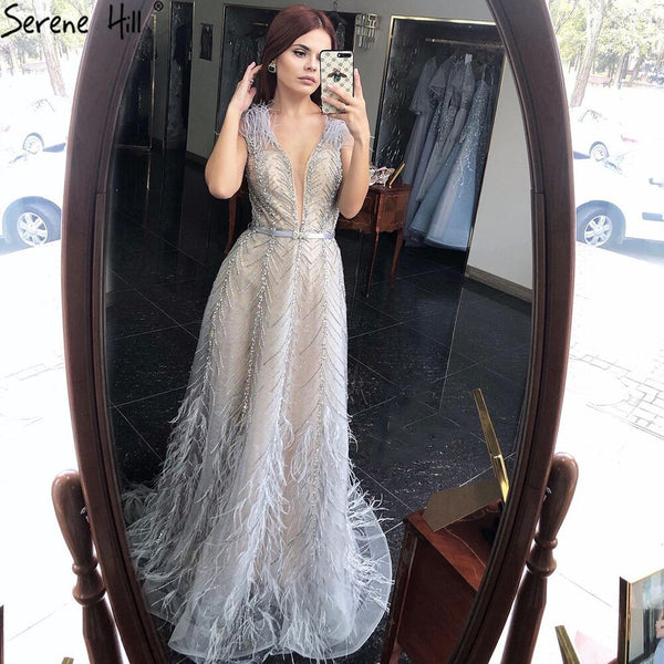 Serene Hill Silver Nude Luxury Evening Dresses Gowns 2025 Feathers Beading Sexy A-Line For Women Party LA70835