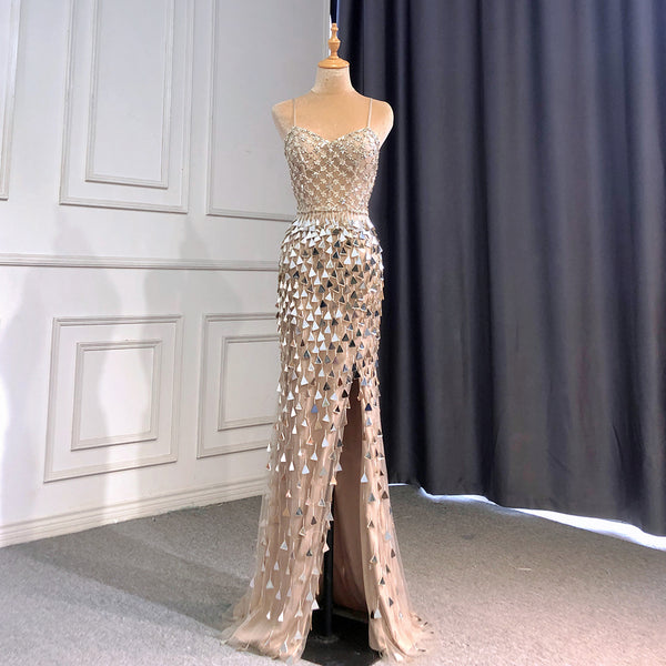 Serene Hill Silver Nude Spaghetti Strap Luxury Evening Dresses Gowns 2025 Mermaid Sequins Beaded Elegant For Women Party LA71666