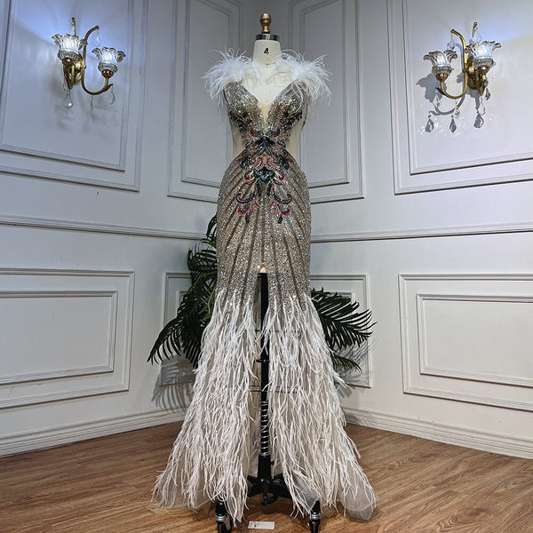 Serene Hill Silver Sexy High Split Deep Mermaid Luxury Feather Beads Evening Dresses Gowns For Women Wedding Party 2025 LA72011