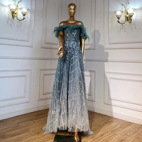 On Sale  no return no refund Serene Hill Turquoise A-Line Luxury Evening Dresses Gowns 2025 Feather Beaded Sweetheart For Women Party LA71497