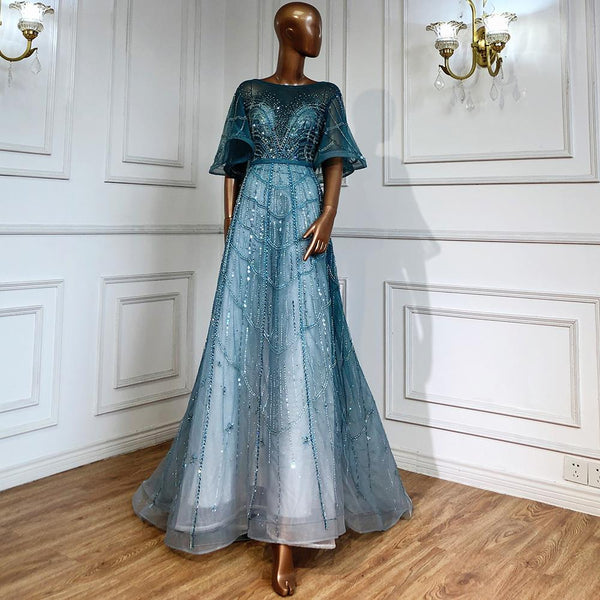 Serene Hill Turquoise Long Flare Sleeves Evening Dresses Gowns 2025 A-Line Luxury Beaded For Women Party LA70822