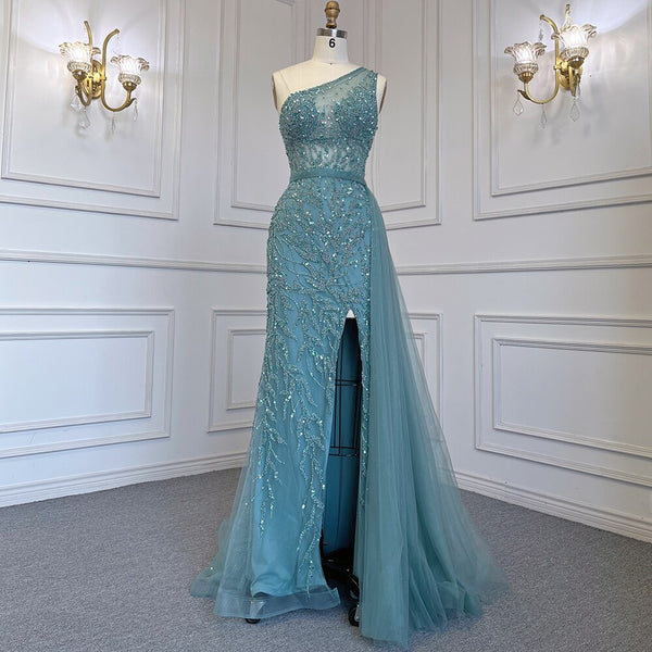 Serene Hill Turquoise Mermaid Elegant With Skirt Sexy High Split Evening Dresses Gowns Luxury Beaded Crystal 2025 Women LA71582A