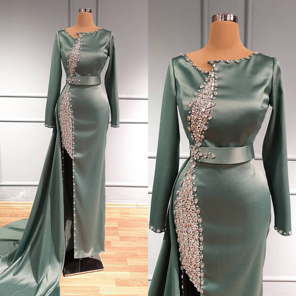Serene Hill Turquoise Mermaid High Split Evening Dresses Gowns 2025 Overskirt Beaded Crystal For Women Party LA71516