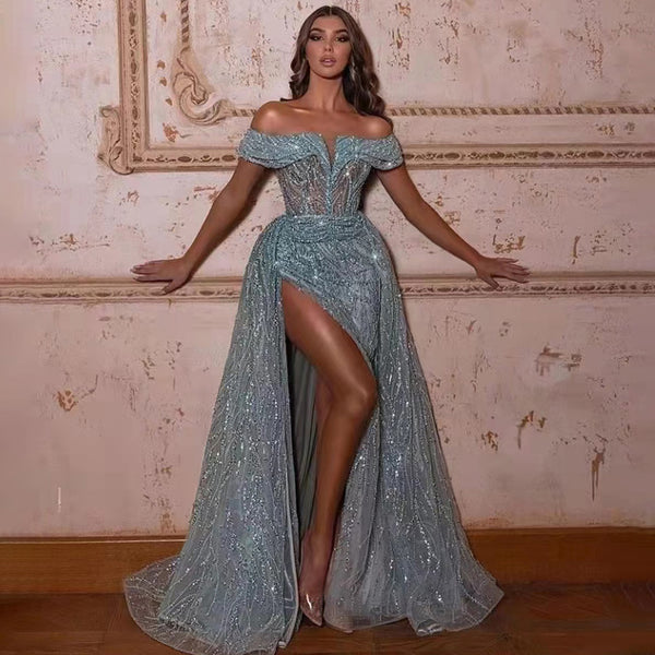 Serene Hill Turquoise Mermaid Sexy Evening Dresses Gowns 2025 Beaded Elegant Luxury High Split For Woman Party LA71593