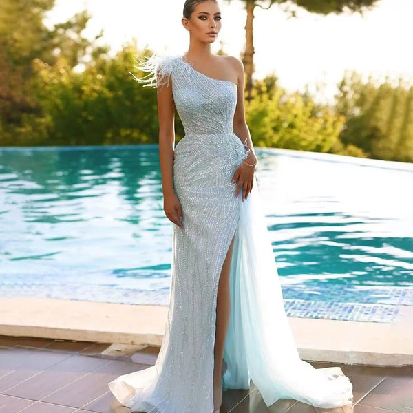 Serene Hill Turquoise Mermaid Sexy High Split With Skirt Beaded Feathers Evening Dresses Gowns 2025 For Women Party LA71955